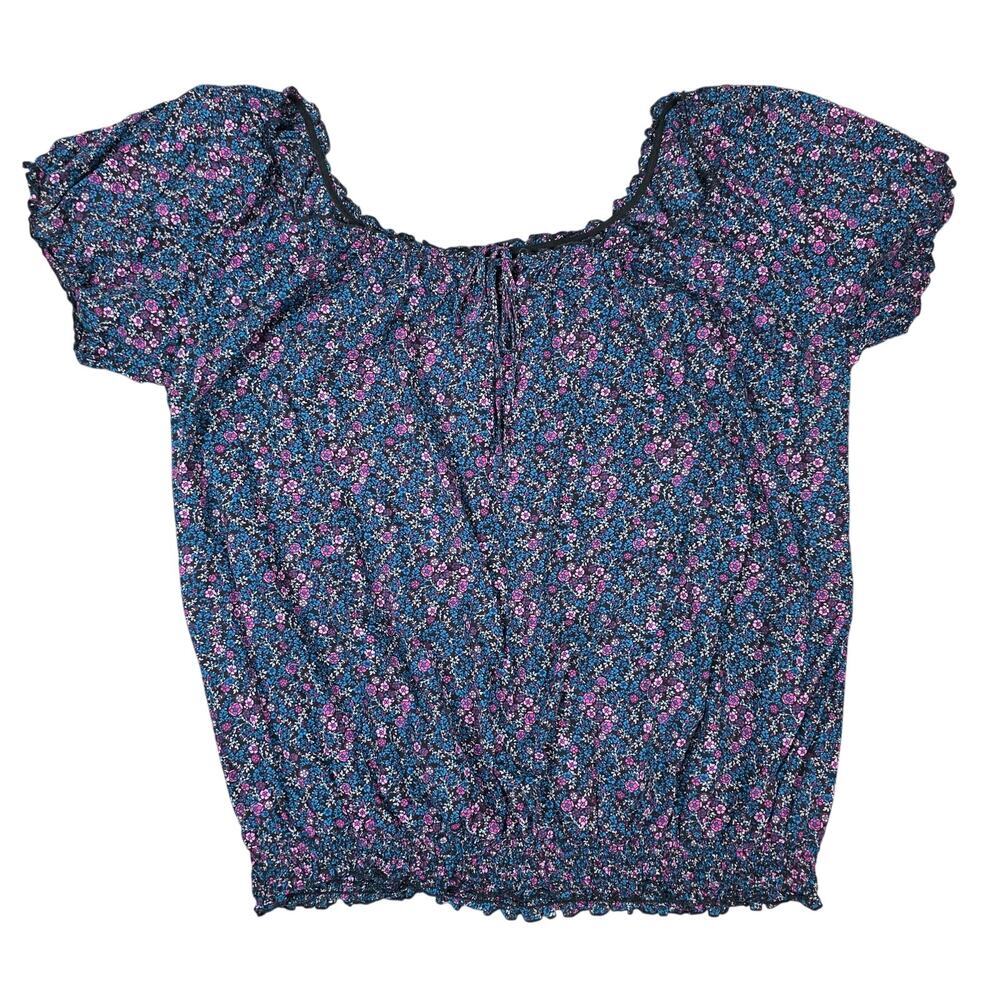 Pure Energy Floral Peasant Top 3X Blue Pink Smocked Boho EUC